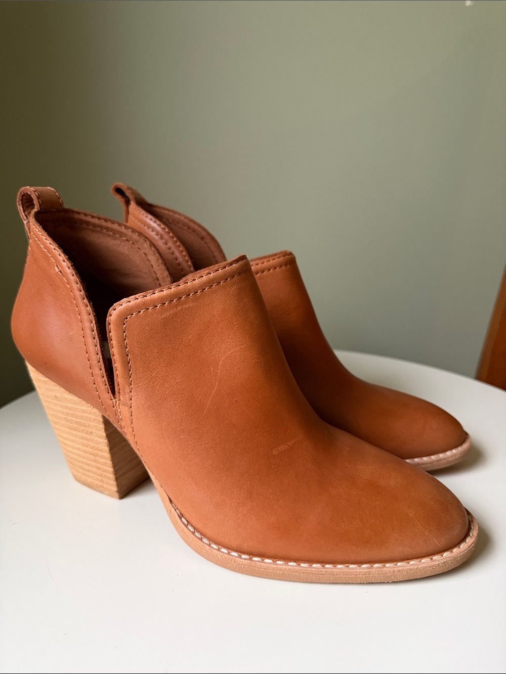 Jeffrey Campbell Faux Leather Western Ankle Booties Tan Cognac Block Heel Cutout